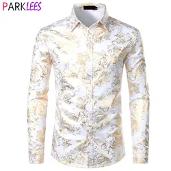 Camisas de vestir de lujo con estampado de Cachemira brillante para hombres, camisa informal de manga larga con botones, camisa blanca para boda, fiesta de novio y Cena