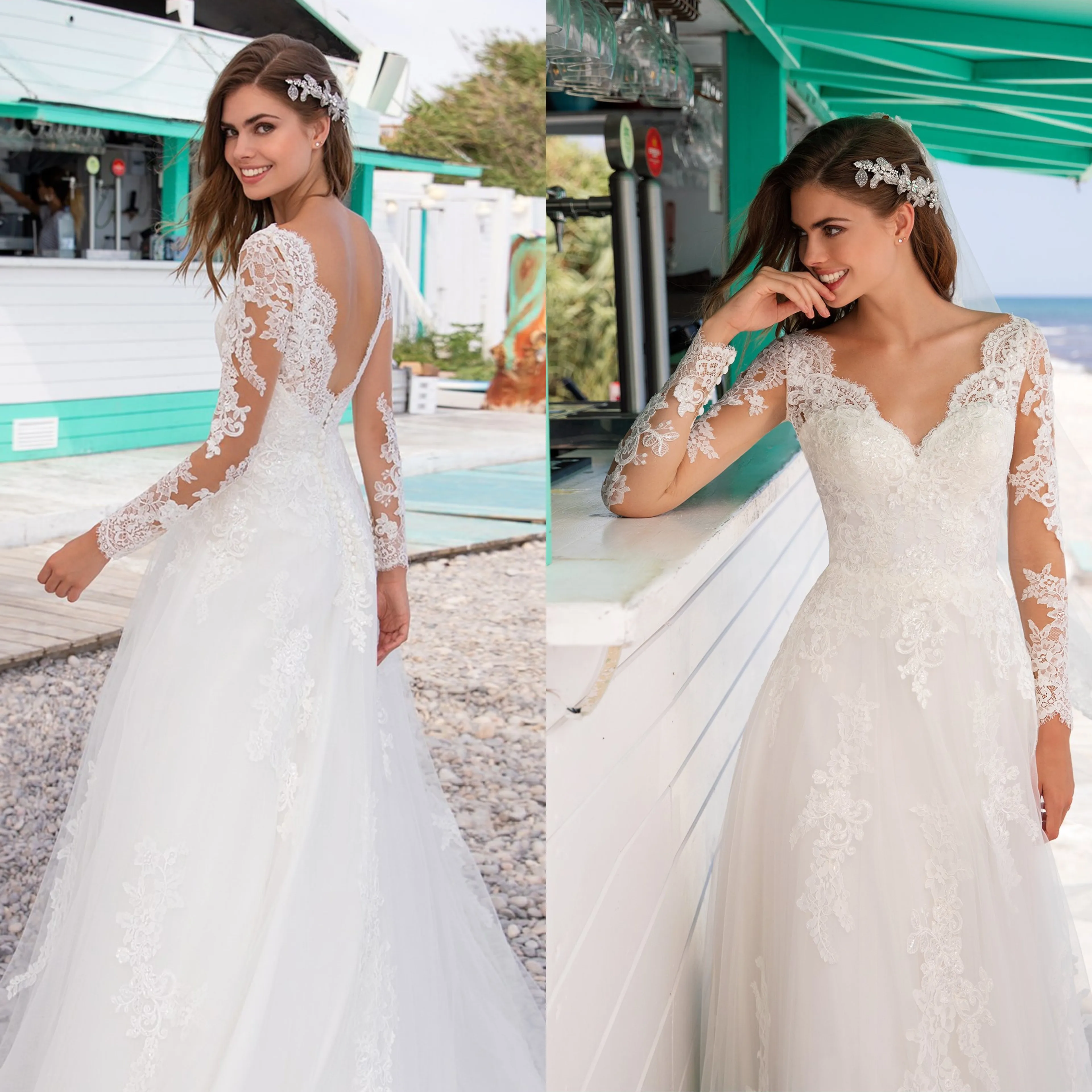 

Beautiful A-Line Long Sleeve Wedding Dress V-Neck Appliques Floor Length Design Tulle Bridal Gowns Backless