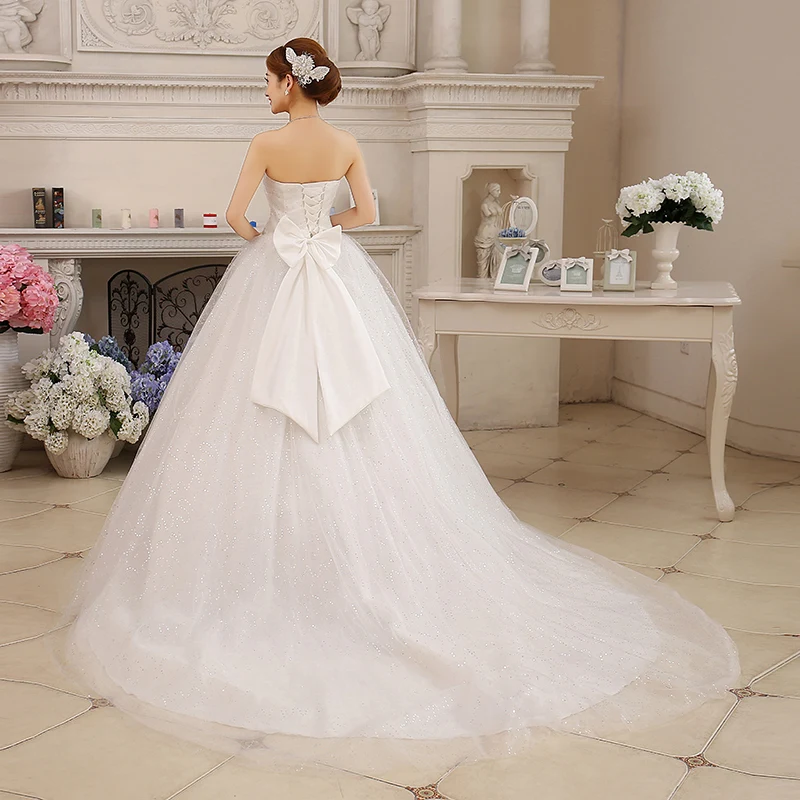 AnXin SH princess white flower lace big bow vintage sleeveless strapless bride white court train customized wedding dress