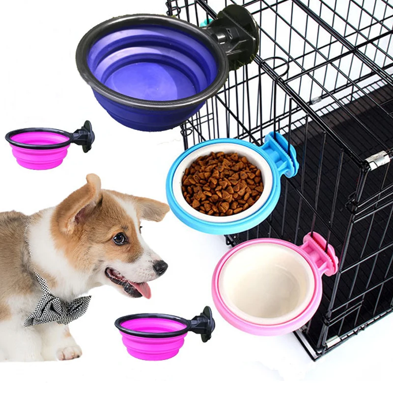 

Pet Dog Bowl Collapsible Silicone Cat Food Water Drinking Cage Cup Hanger Portable Outdoor Puppy Food Container Feeder Dish