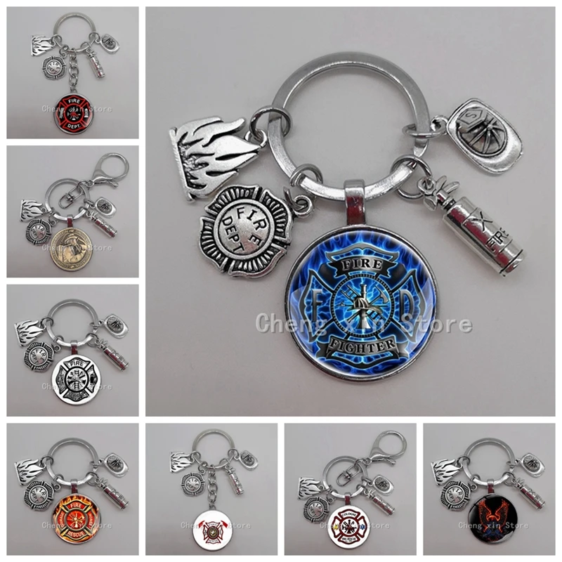 1 creative glass metal fireman hat keychain fire extinguisher keychain flame keychain fire alarm badge keychain hero gift