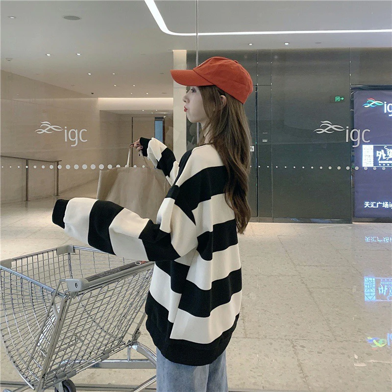 Fall Vintage Striped Long Sleeve Women T Shirts Korean Fashion Casual Harajuku Warm Oversized Streetwear Tops Black Yellow Green