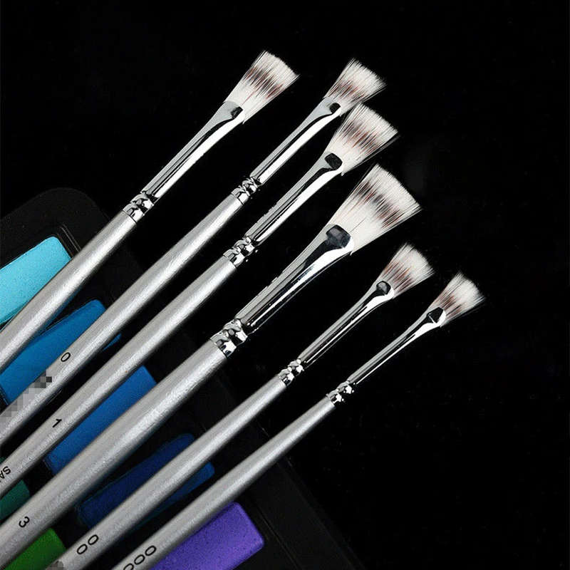 Miniature fan-shaped watercolor gouache two-color nylon hair Hook line oil paint brush acrylic pen silver long rod art supplies