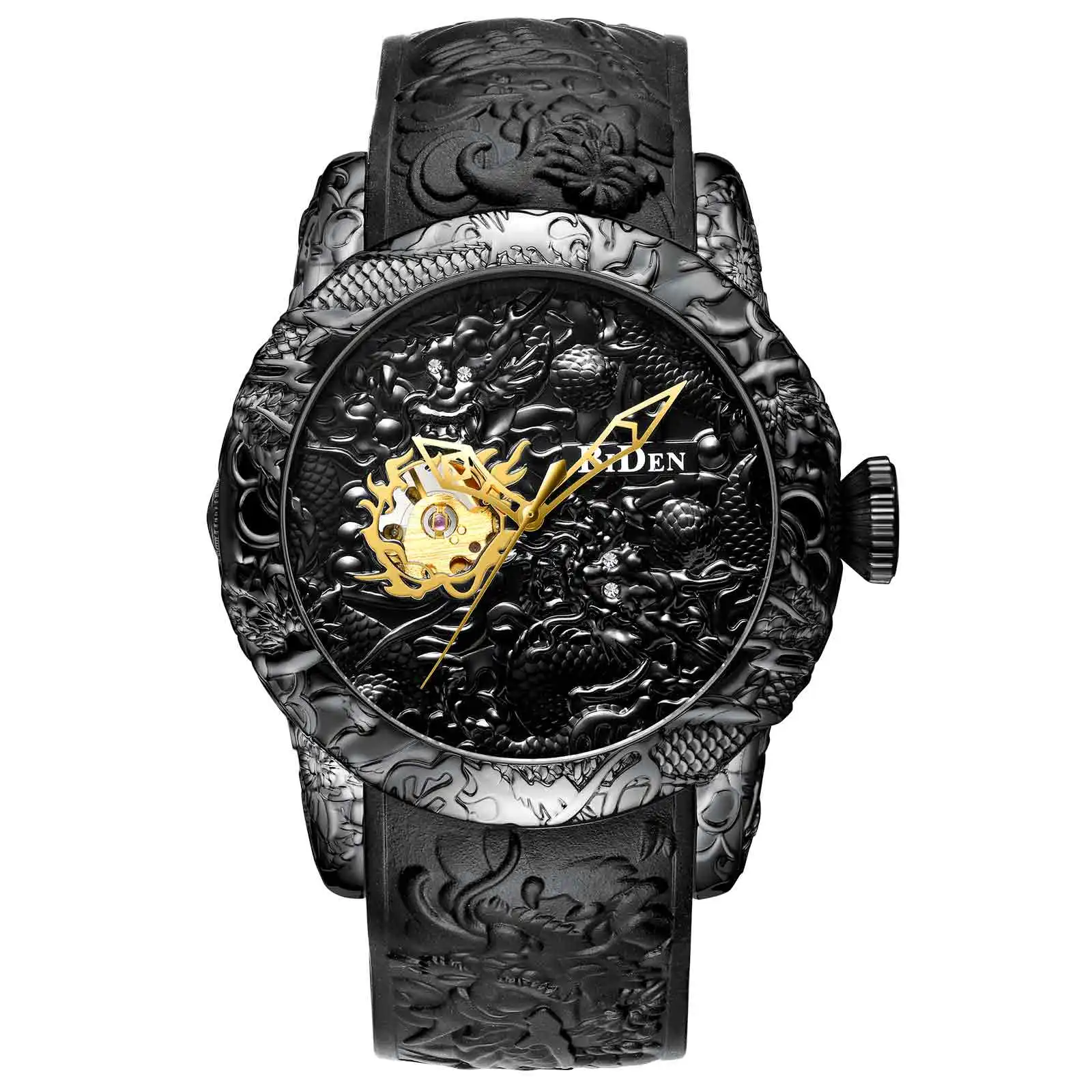 BIDEN Special Design Gold Dragon Sculpture Automatic Mechanical Men Watch Fashion Luxury Waterproof Wristwatch Relojes Hombre