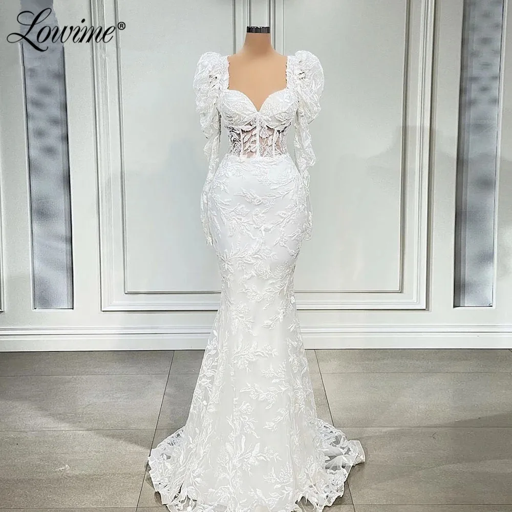 Lowime Lace White Elegant Evening Dresses Long Sleeves Dubai Middle East Party Gowns 2022 Plus Size Robes Mermaid Prom Dresses