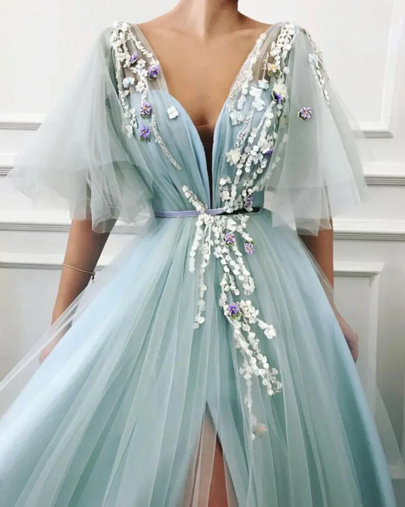 Robe de soirée longue sexy à col en V, appliques de fleurs, tulle fendu sur le devant, robes de Rhvertes personnalisées pour la fête, la remise des diplômes