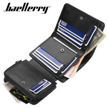 Men's PU Leather Zipper Short Wallet – Bifold Card Holder Purse, Black / Brown