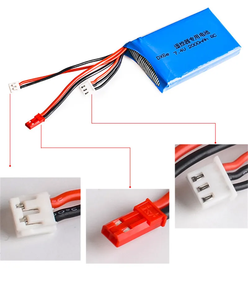 2S 7.4V 2000MAH Lipo Battery JST Plug 1S 2S Balance Connector for Dx6e DX6 DX8 RC Radio Remote Control Transmitter Części zamienne