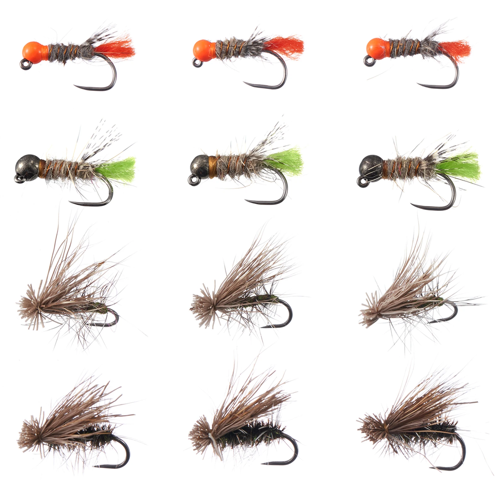 Bassdash Trout Fly Fishing Flies 12pcs Barbless Nymphs and Dry Flies