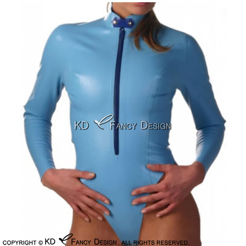 Gebrek Blue Sexy Mouwloze Latex Badpak Met Riem Op Top Ritssluiting Rubber Pak Catsuit Bodysuit Zentai LTY-0145