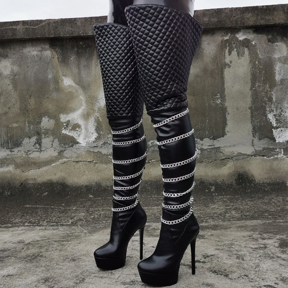 Chain Ornament Black Boots Sexy Long Shoes Women Plaid Pattern Platform High Heel Over Knee High Boots Big Size 47