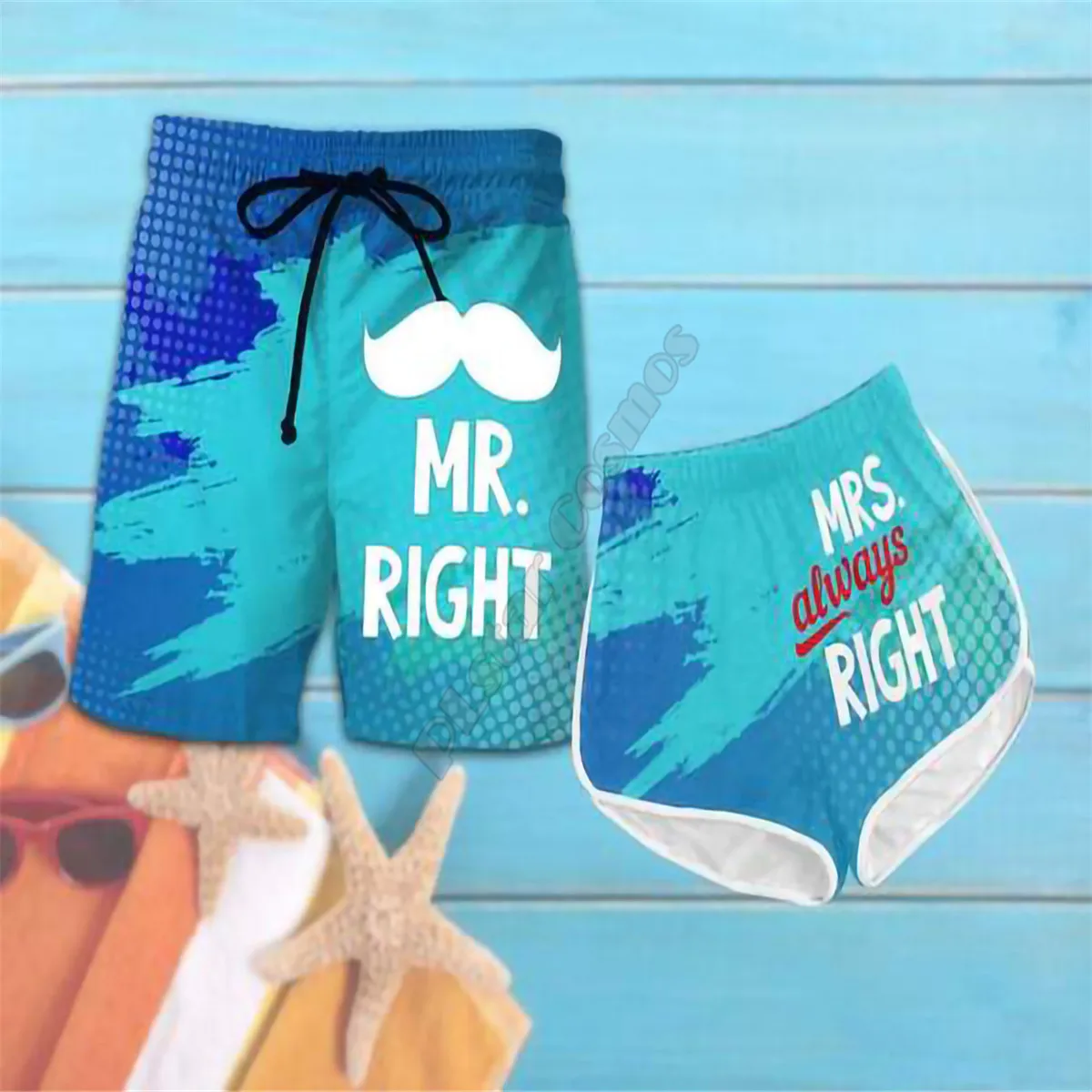 Couple Matching Mr Right and Mrs Always Right Shorts 3d Shorts women for men Elastic Waist Shorts Summer Couple Beach Shorts