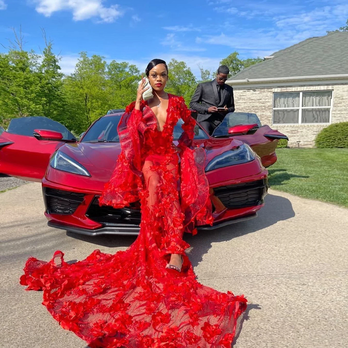 Vestidos de graduación rojos con volantes de sirena, mangas largas, apliques de encaje, tallas grandes, vestidos de novia elegantes para fiesta de boda para mujer africana