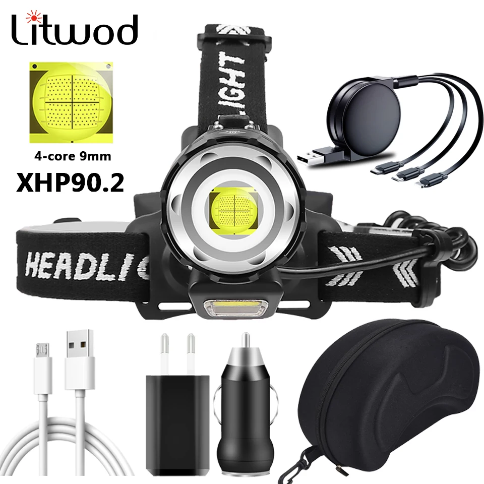 XHP90.2 Led Headlamp Zoomable Headlight Head Flashlight Lamp Torch Lantern Bulbs 3* 18650 Battery Usb Rechargeable Powerbank 40W