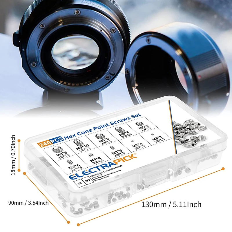 ELECTRAPICK 240pcs Hex Hexagon Socket Set Screw Cone Point Grub Screw Tapered End Headless Bolt M3 M4 M5 M6 M8