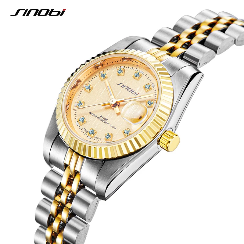 SINOBI Fashion Luxury Design Woman Watches Stainless Steel Quartz Wristwatches Business Golden Women Watch Relogio Feminino