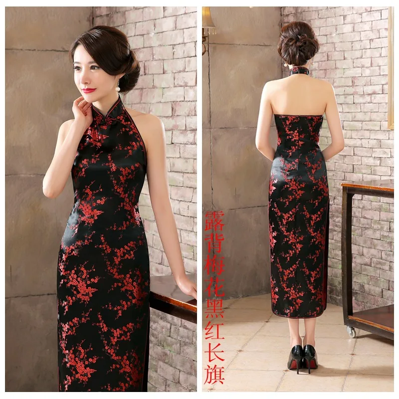 Çin ulusal uzun Cheongsam erik saten Vintage kostüm boyundan bağlamalı elbise sosyetik zarif kadın elbiseler Qipao