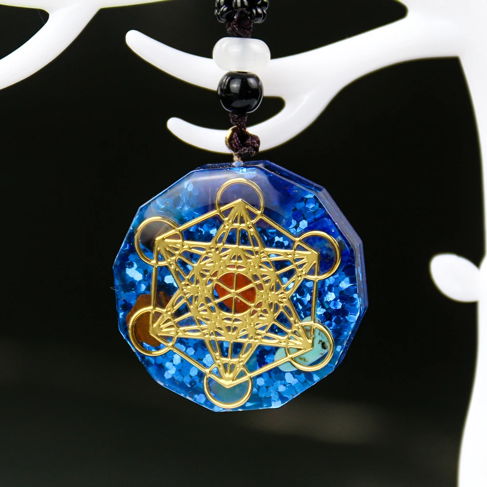 Blue Crystal Necklace Metatron Cube Resin Pendant Cosmic Energy Center Sign Pendant Men Women Magic Hexagram Choker Jewelry Gift