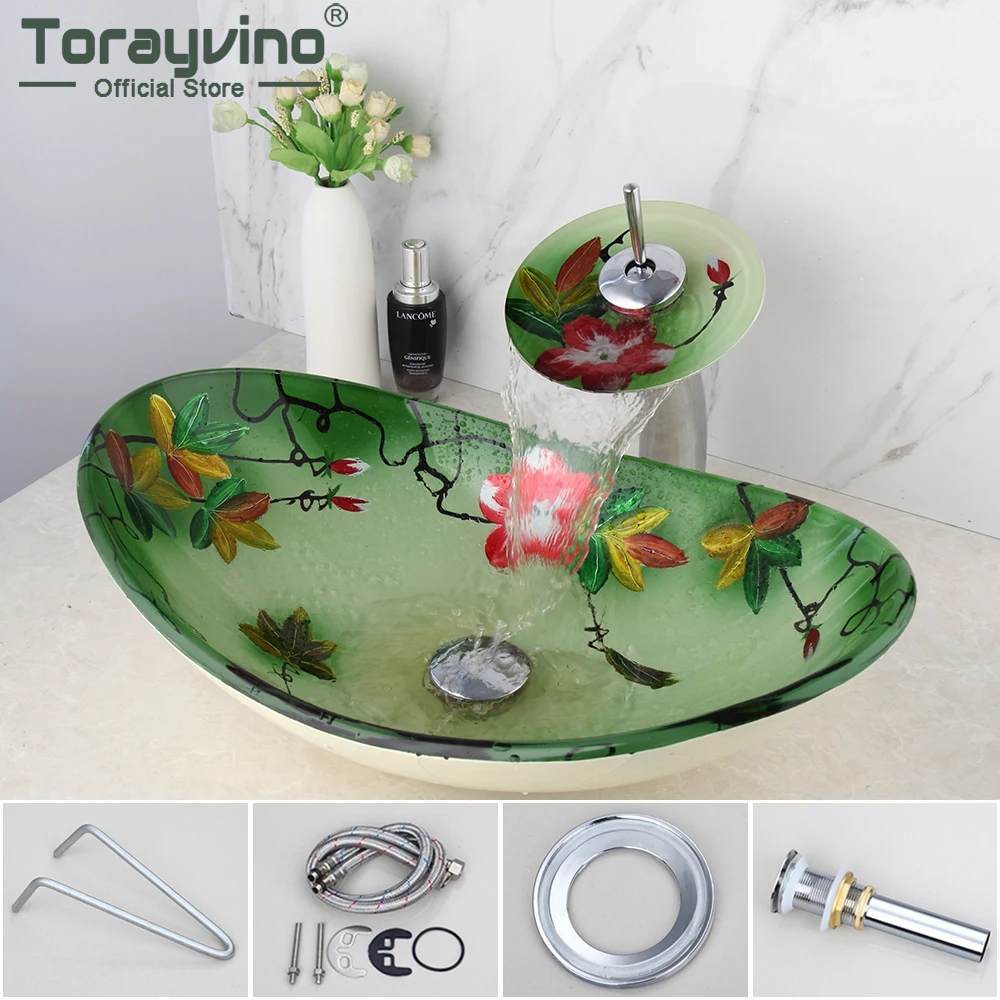 Torayvino Oval Hand Paint Washbasin Tempered Glass Basin Sink Deck Mounted Sink Bathroom Faucet Set With Pop-up Drain Mixer Tap