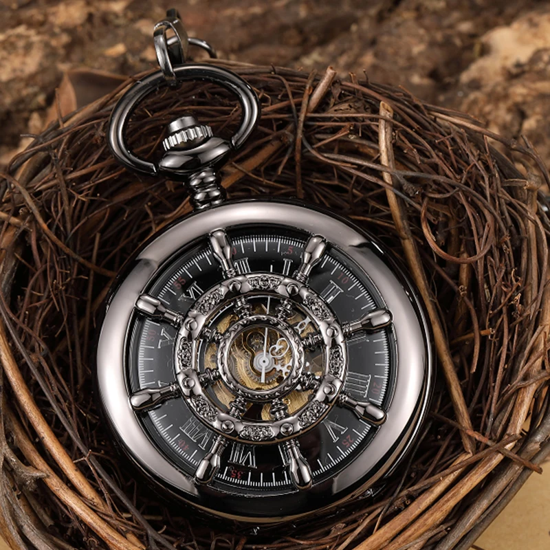 Steering Wheel Roman Numeral Mechanical Pocket Watch Luxury Steampunk Skeleton Fob Chain Clock for Men Women Collection Gift