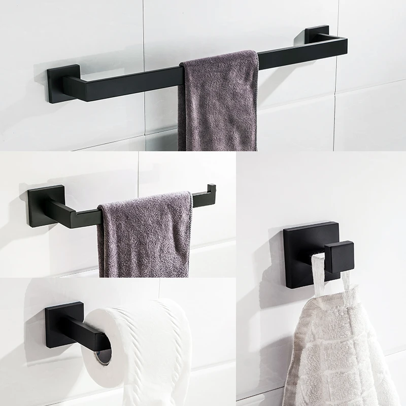 

Stainless Steel Bathroom Hardware Set Matte Black Towel Bar Rail Toilet Paper Holder Towel Ring Robe Hook Bathroom Accessories