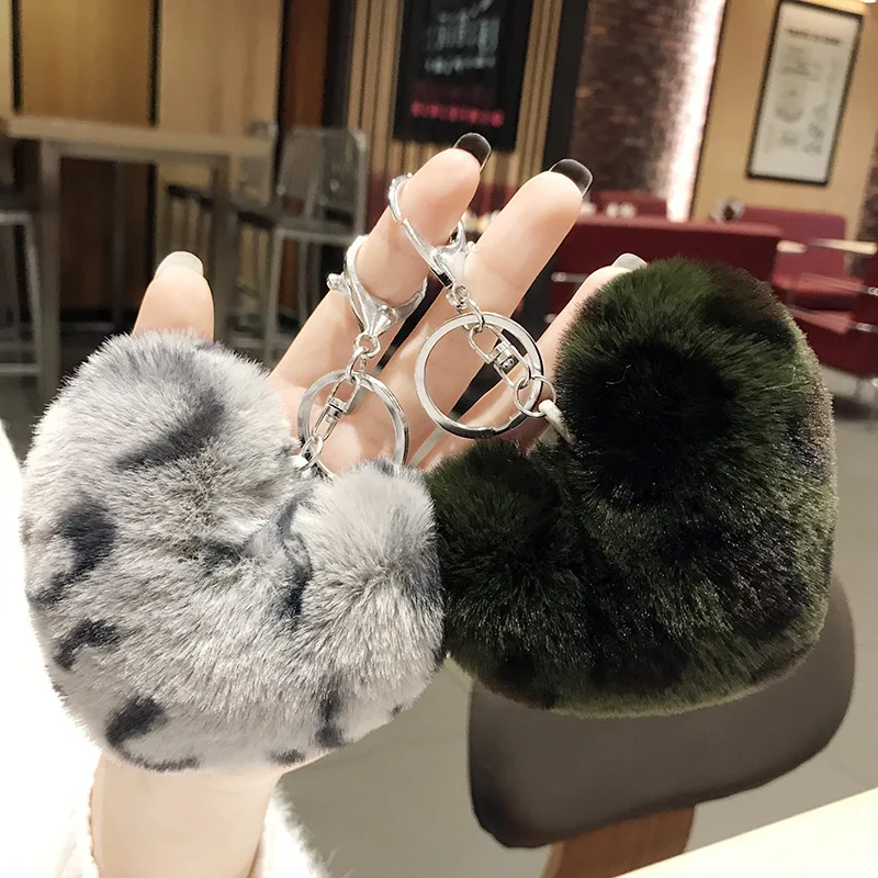 Leopard love plush fur ball keychain car key chain pendant student bags New gifts wholesale Heart KeyRing K2403