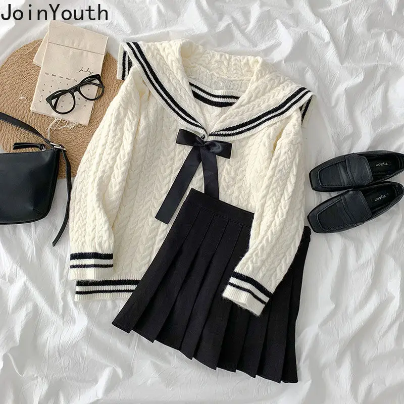 Joinyouth Spring Autumn Fashion Suits Women Navy Collar Long Sleeve Loose Sweater High Waist Pleated Skirt Two-piece Sets Female