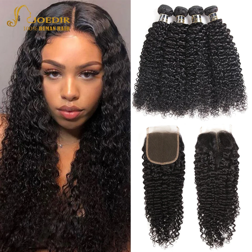 Joedir Kinky Curly Bundles with closure Human Hair bundles with closure Brazilian Hair Weave 3 Bundles With Closure Remy Hair