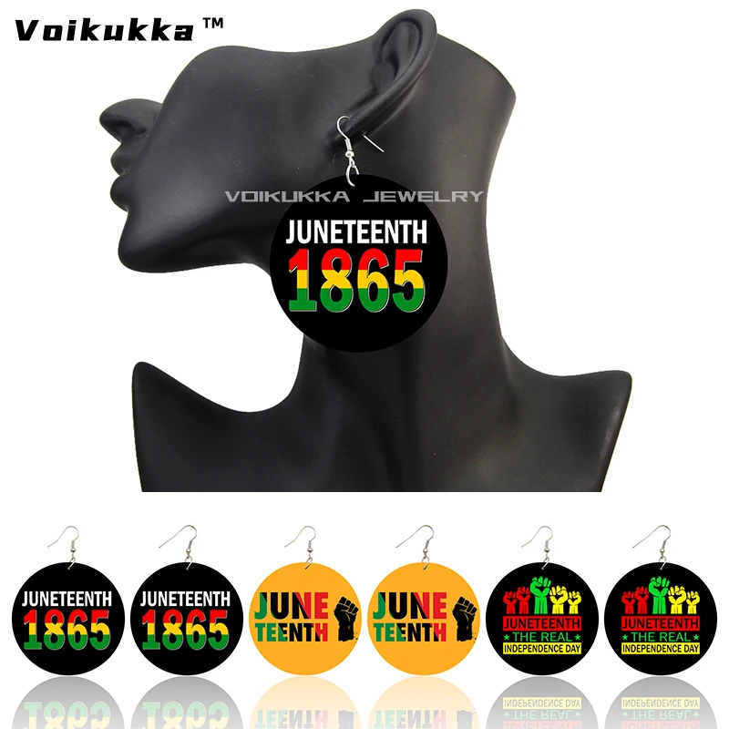 Voikukka Jewelry 1865 JUNETEENTH The Real Independence Day 6 CM Round Wooden Both Sides Print Drop Earrings For Women Gifts