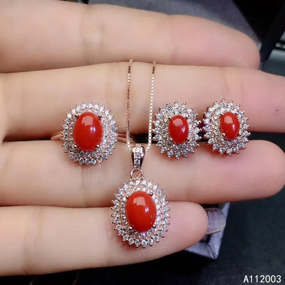 

KJJEAXCMY Fine Jewelry 925 sterling silver inlaid natural gemstone red coral ring pendant earring set classic supports test