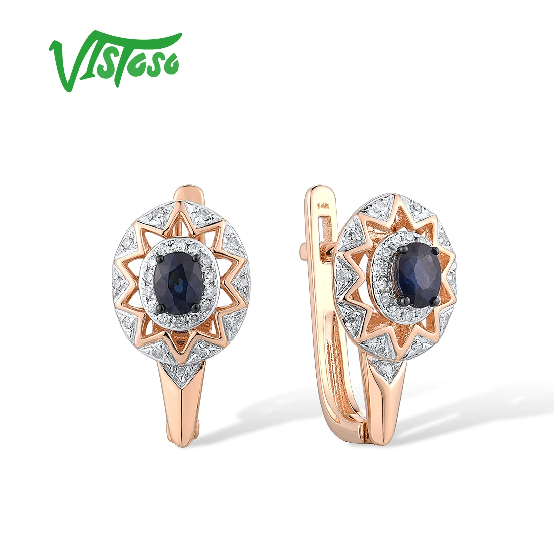 VISTOSO Pure 14K 585 Rose Gold Earrings For Lady Exquisite Sparkling Diamond Blue Sapphire Anniversary Elegant GiftFine Jewelry