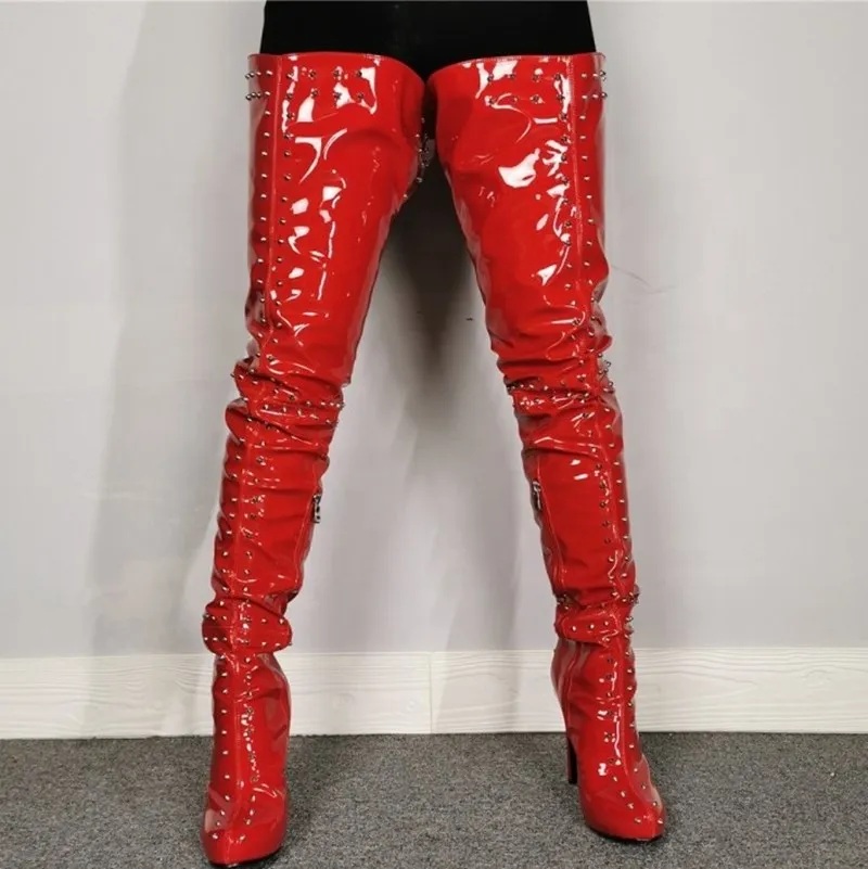 

Ladies Hot red Rivet Ornament Sexy Long Thigh Boots Big Size Women Shoes Wholesale High Heel Over The Knee Boots