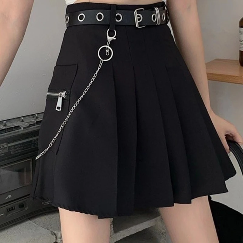 YBYR Punk Summer Gothic Skirts For Women Streetwear Casual Zipper High Waist Black Skirt y2k Sexy Mini Pleated Skirt Belt Chain