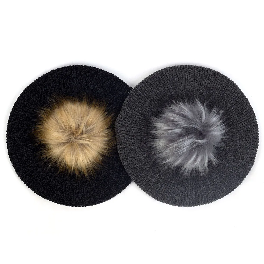 Female Knitted Berets With Faux Fur Pom Pom Elegant Women Fashion Winter Warm Hats Girl Bonnet Caps Plain Hat Beret