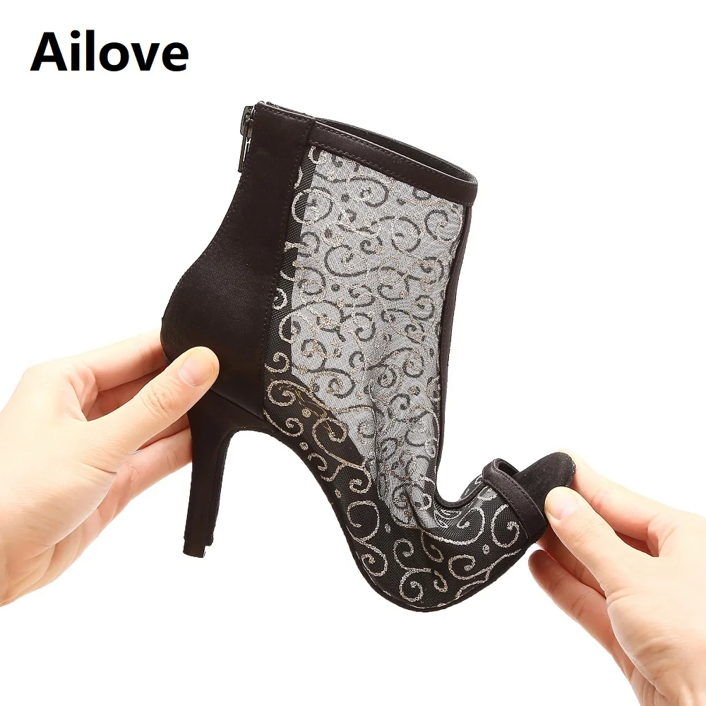 Ailove Women`s Social Ballroom Latin Salsa Dance Boots Print Air-mesh Party Dancing Shoes with Black Satin Back Heel Sandal S057