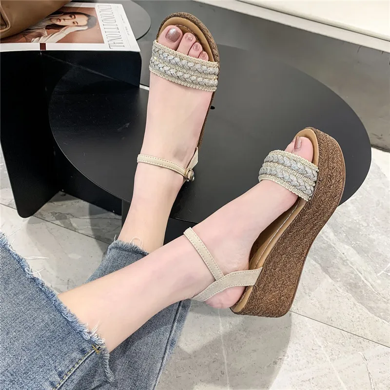 COOTELILI Woman Sandals 2024 New Fashion Summer Shoes Round Toe 5.5cm Heel Diamond decoration Womens Shoes Black Pink 35-40