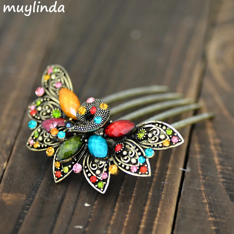 muylinda Peacock Hair Comb Hair Accessories Vintage Clip Jewelry Chinese Rhinestone Hair Pin For Women