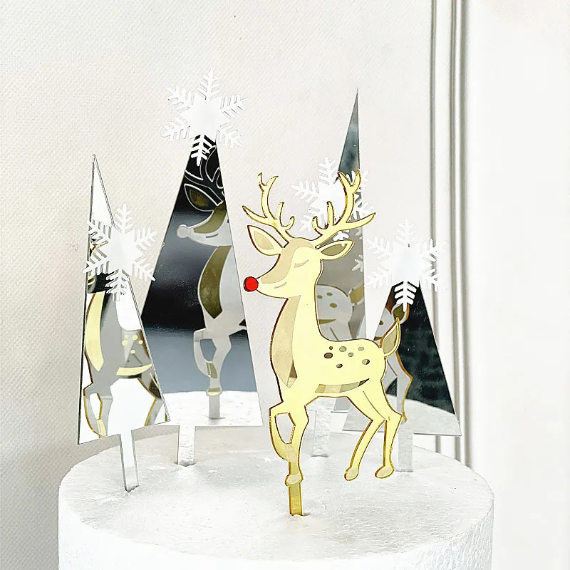 INS Elk Merry Christmas Party Cake Topper Golden Acrylic Christmas tree Family Party Cake Toppers For Kids Xmas Cakes Decoration