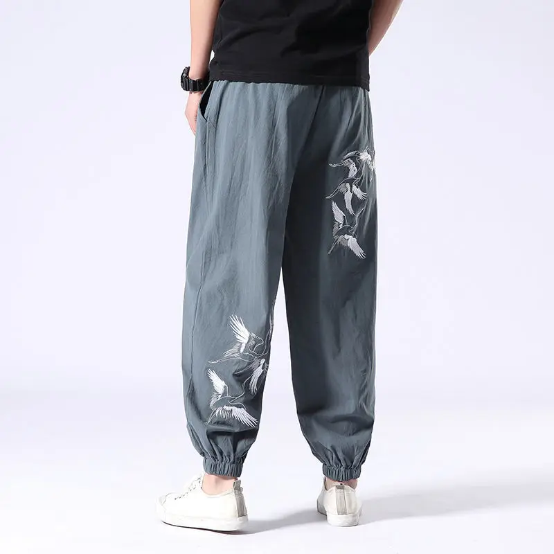 Linen Ankle-Length Pants Men's Retro Crane Embroidered Harem Pants Loose Large Size Men's Fashion japanese streetwear pants