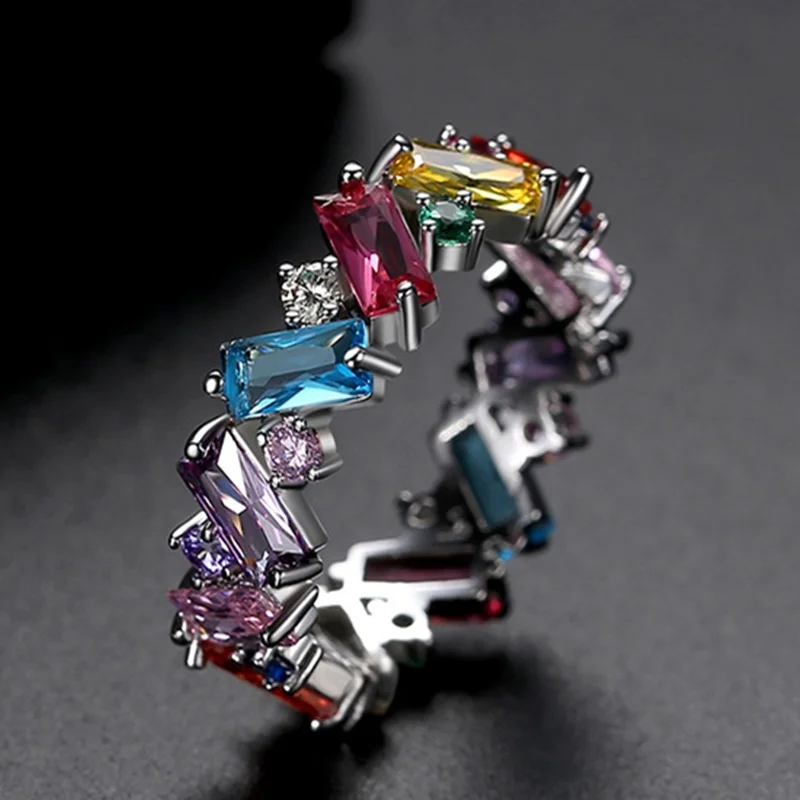 Ekopdee 2021 Luxury Eternity Promise Zircon Rings For Women Rainbow Geometric CZ Crystal Finger Ring Engagement Wedding Jewelry