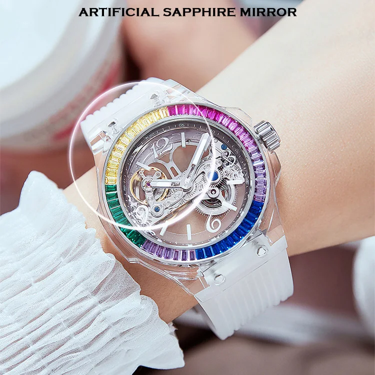 HANBORO Women Automatic Watch Luxury Ladies Watches Austria Crystal Waterproof Luminous Mechanical Wristwatch Silicone Strap