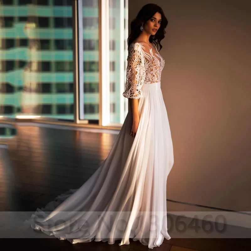 Thinyfull Elegante Chiffon A-Lijn Trouwjurken Lange Mouw Appliques Vloer Lengte Boho Bruid Jurk Robe De Mariée Custom Made