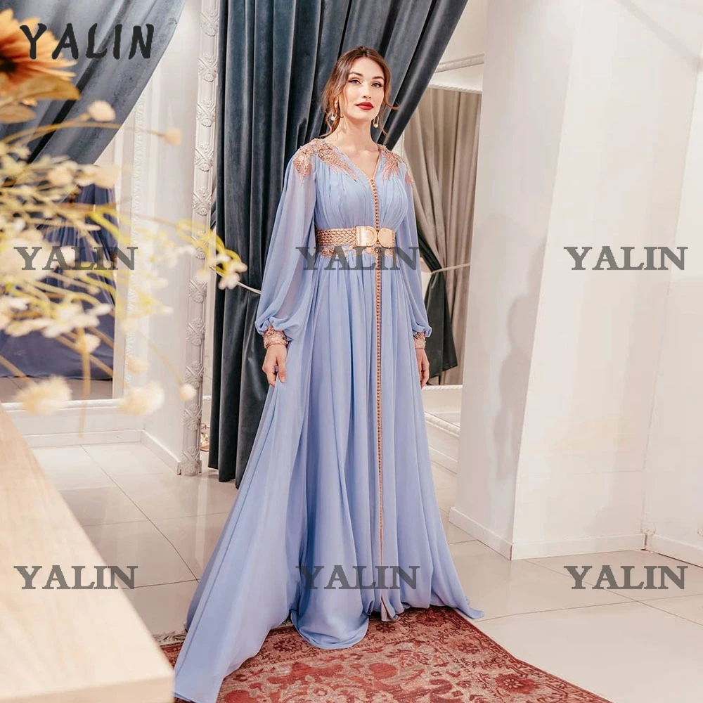 YALIN Light Blue Elegant Dubai Evening Dress V-Neck Chiffon Long Sleeves Women Prom  A-Line  Sexy Casual  Plus Size Gowns