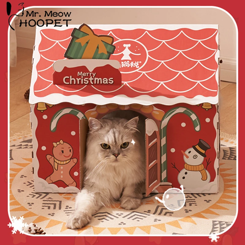 Hoopet Christmas Pet Sleeping House Cardboard Playing for Cats Small Dogs Scratacher Cat Condo Cozy Furniture for Four Seasons