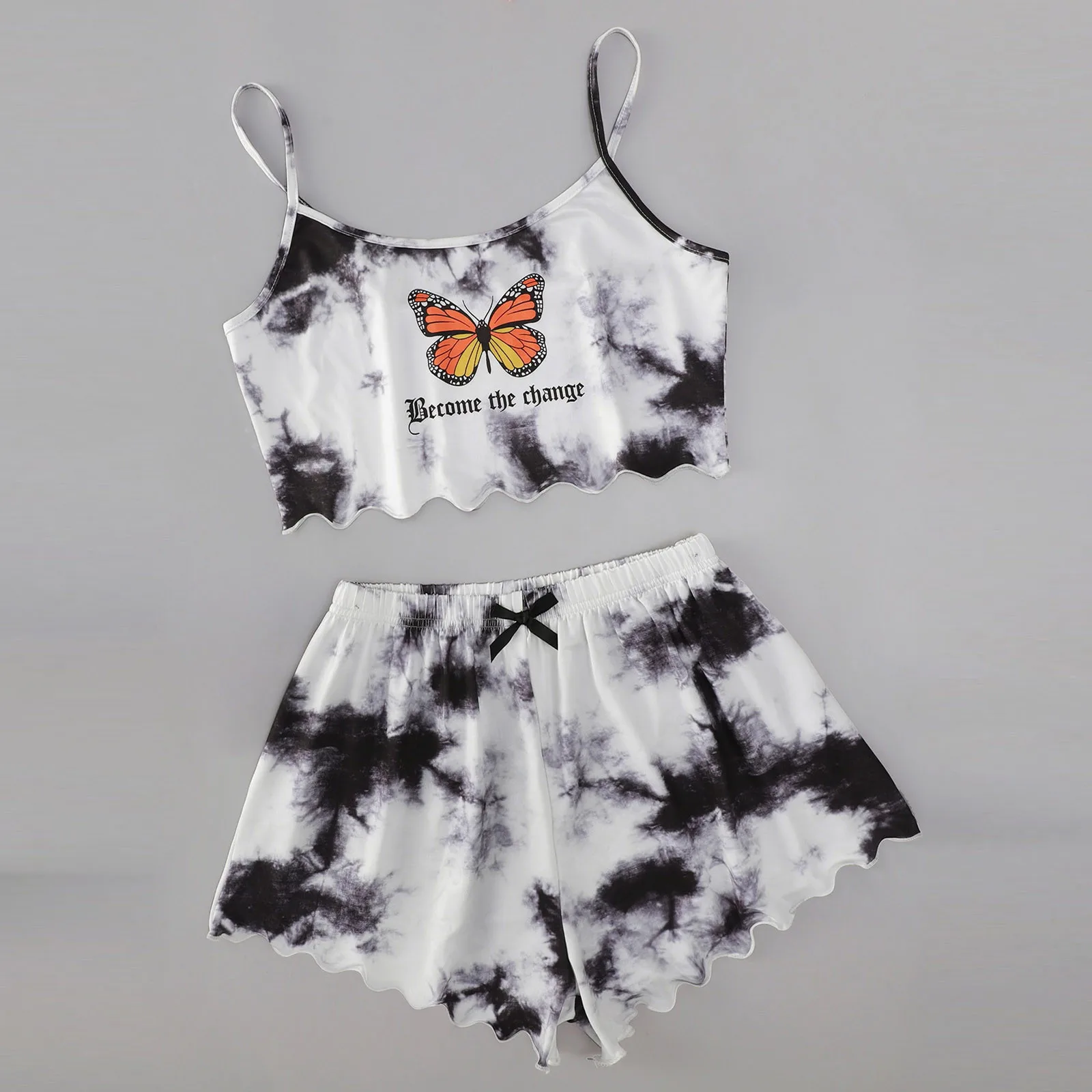 Women's 2 Pieces Kawaii Tie-dye Print Frill Hem Cami Pajama Set Spaghetti Strap Cute Crop Top & Shorts Suits Lady Sleepwear Y2k