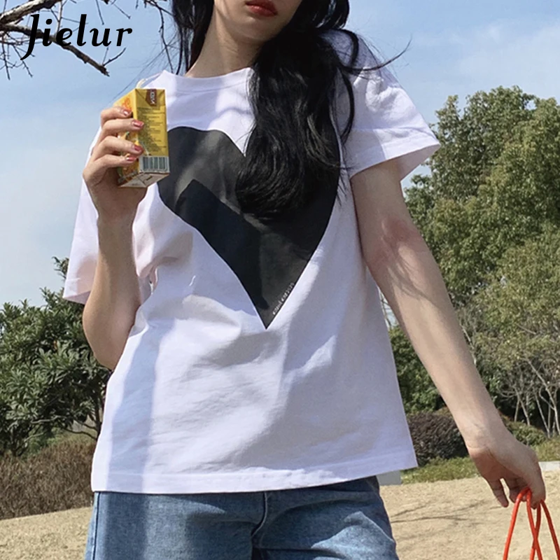 

Jielur Cotton New Short Sleeve White Tee Shirt Love Print Loose Summer T-shirt Chic Casual Women's T-shirt Tops Hipster Clothes