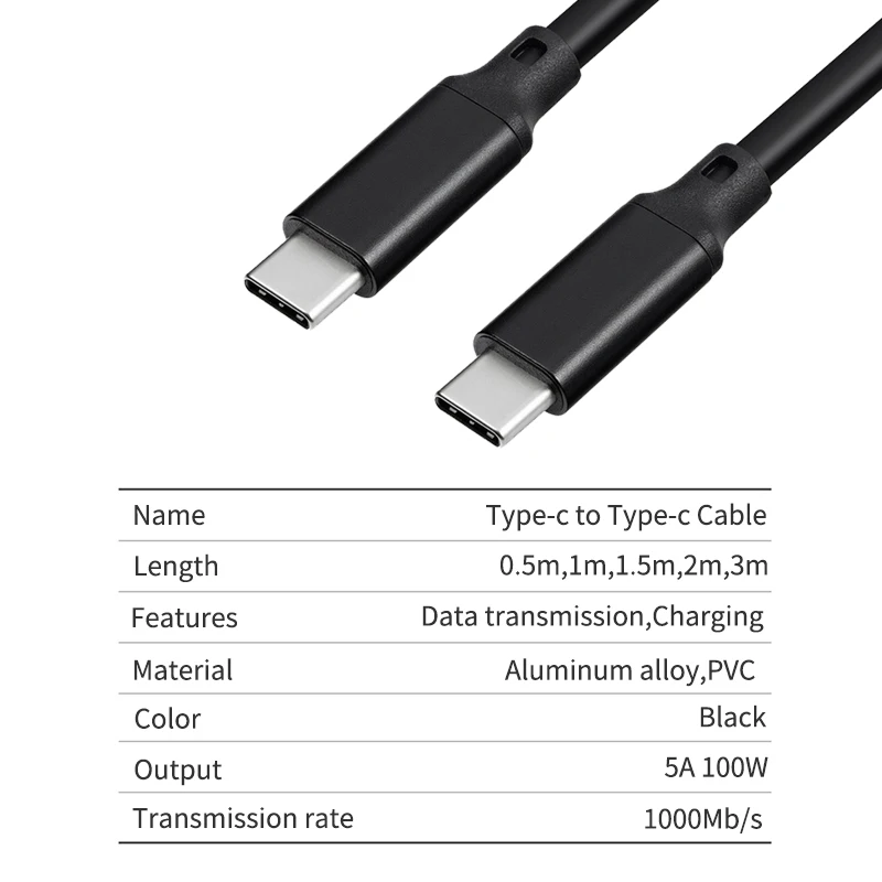كابل بيانات من النوع c إلى النوع c 100W 5A ، شحن سريع ، USB c ، ذكر إلى ذكر ، للكمبيوتر اللوحي والقرص الصلب