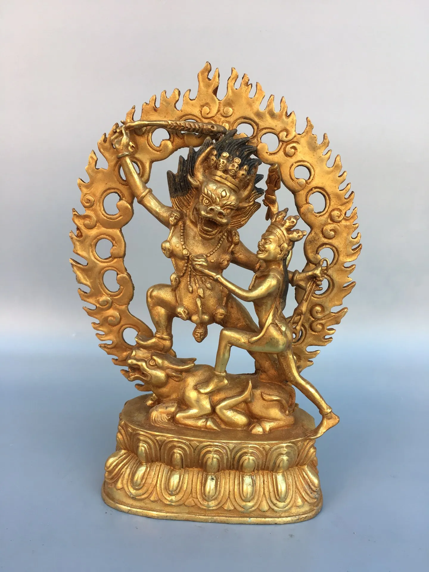 

9"Tibetan Temple Collection Old Bronze Gilded Hellmaster Yan Demon Protector Backlight Standing Buddha Worship Hall Town house