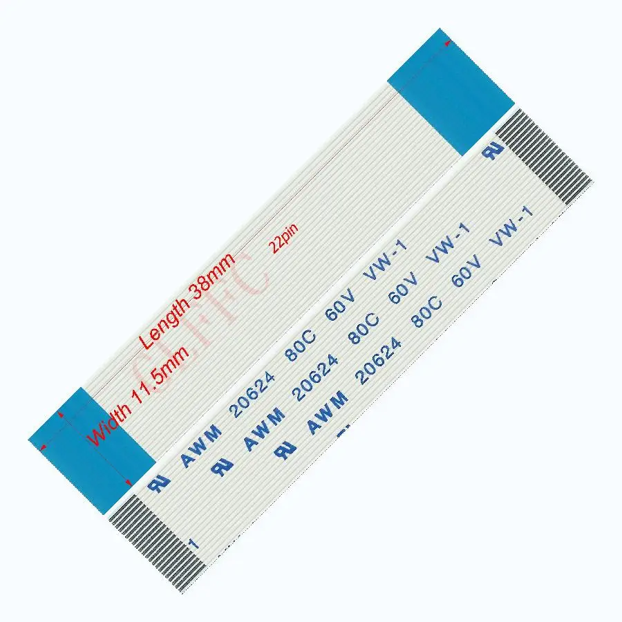 22pin 0.5pitch 38mm-140mm A-type Flexible Flat Cable FFC awm 20624 ROHS for TTL LCD DVD Computer