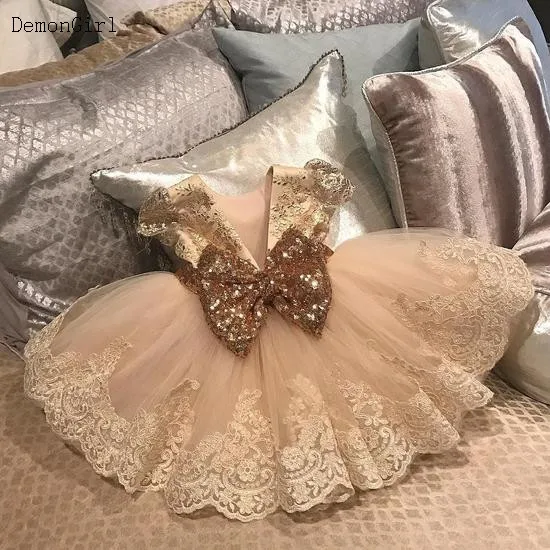 Cute Baby Girl Birthday Dress Champagne Lace Tulle Kids Prom Clothing Outfits Photoshoot Gift for Kids